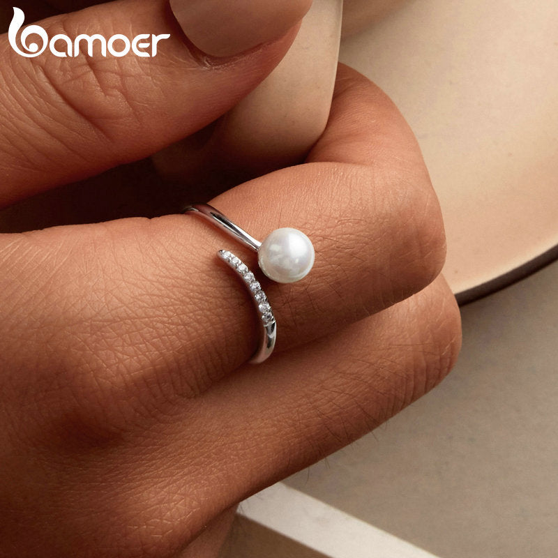 925 Sterling Silver Shell Pearl Opening Ring Zircon Adjustable for Women