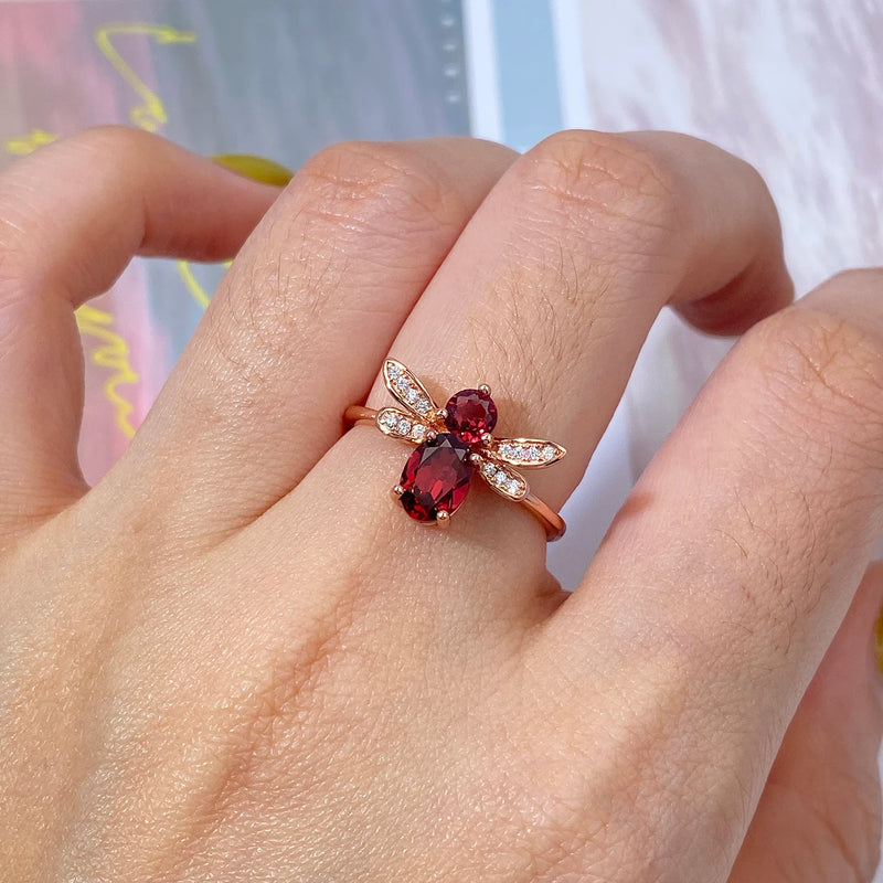 925 Sterling Silver Red Garnet Bee Ring for Women