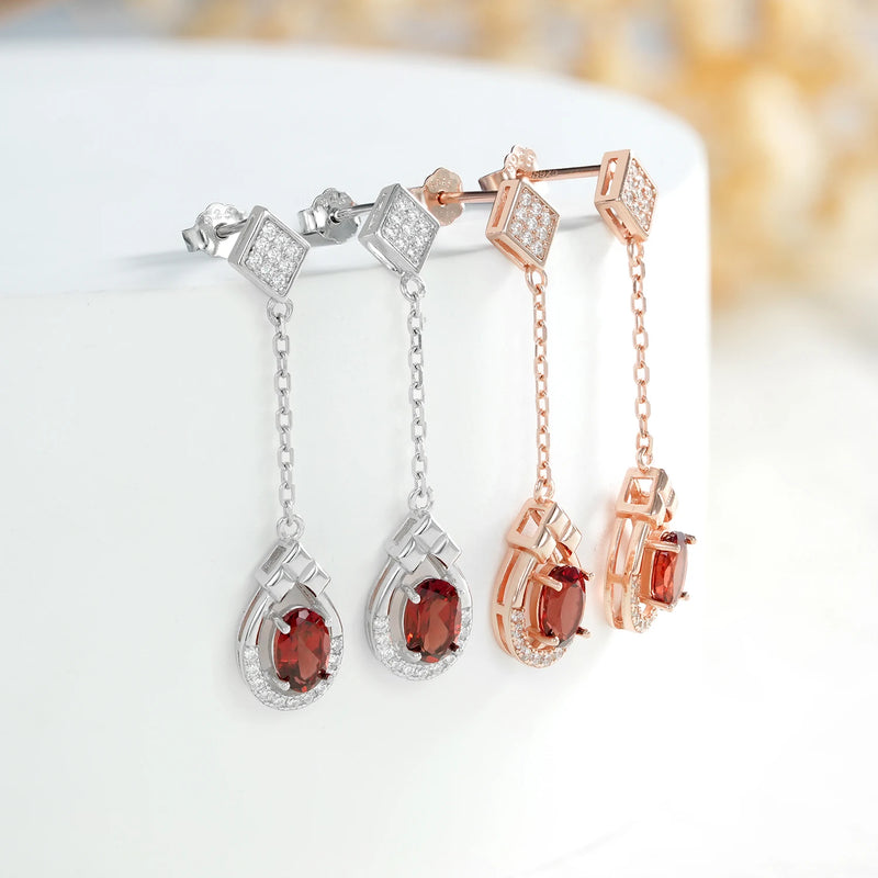 925 Sterling Silver Natural Red Garnet Drop Earrings for Women