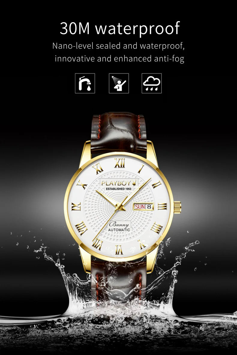 Leather Strap Automatic Mechanical Watch for Men