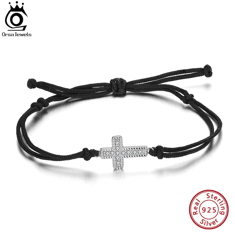 Sterling Silver Black Elastic Rope Chain Bracelet with Cross for Women