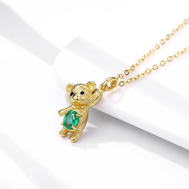 925 Sterling Silver Bear Pendant Necklace with Emerald, for Women