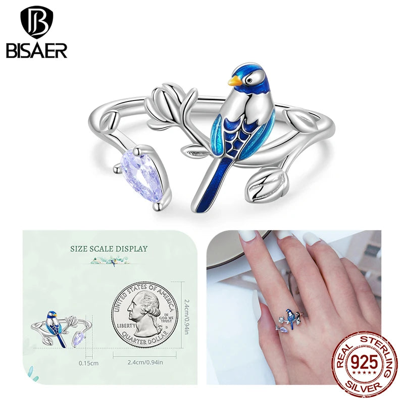 Sterling Silver Floral Bird Open Ring Flower Band, Adjustable Size 5-9, for Women