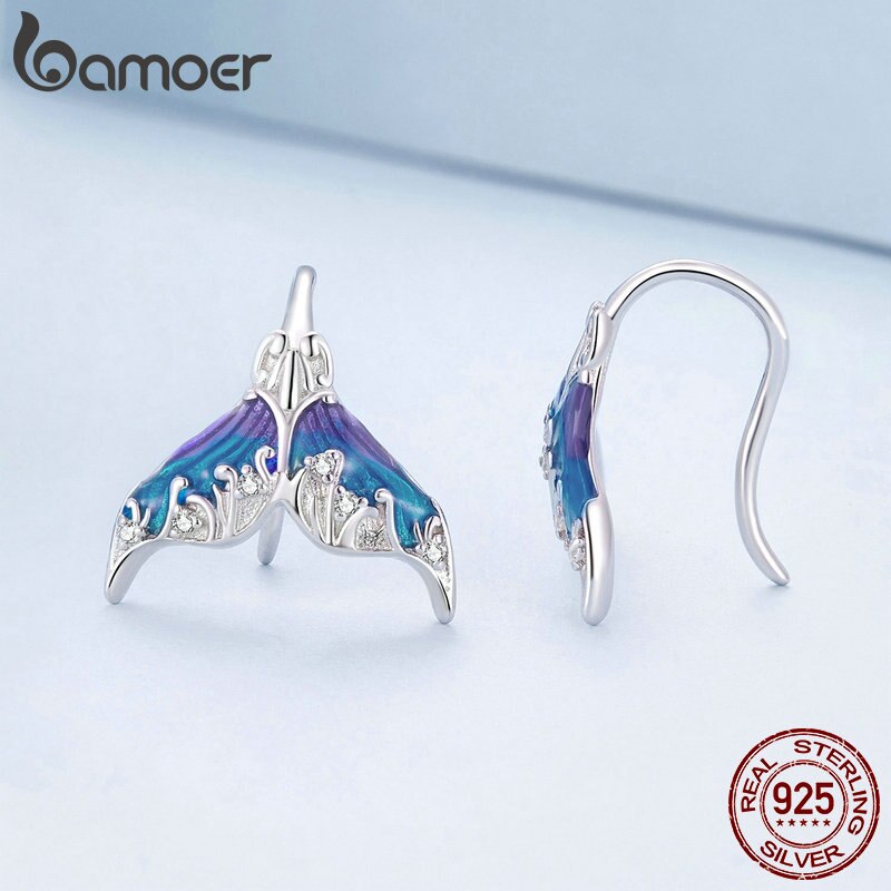 Sterling Silver Blue Enamel Fantasy Mermaid Tail Earrings for Women