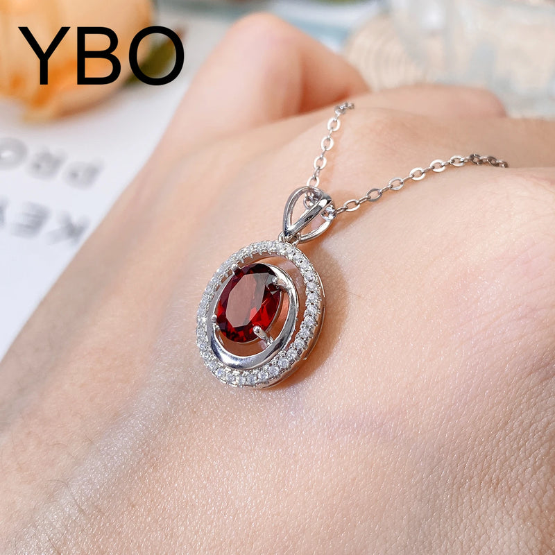 925 Sterling Silver Oval Red Garnet Pendant Necklace for Women