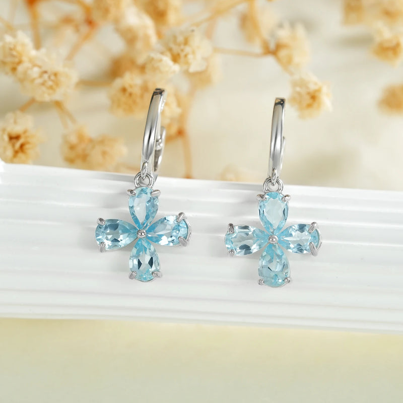 925 Sterling Silver Blue Topaz Dangle Earrings with Flower Design for Women