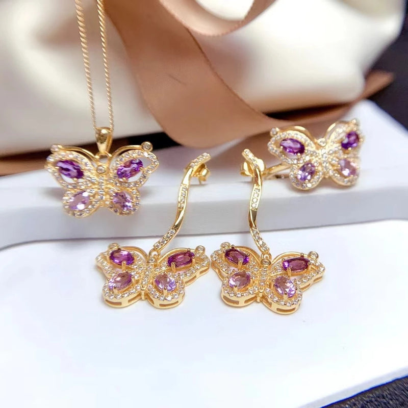 925 Sterling Silver Amethyst Butterfly Jewelry Set for Women