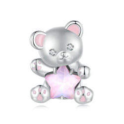 925 Sterling Silver Pink Heart, Bear, and Dolphin Bead Charms for Girls