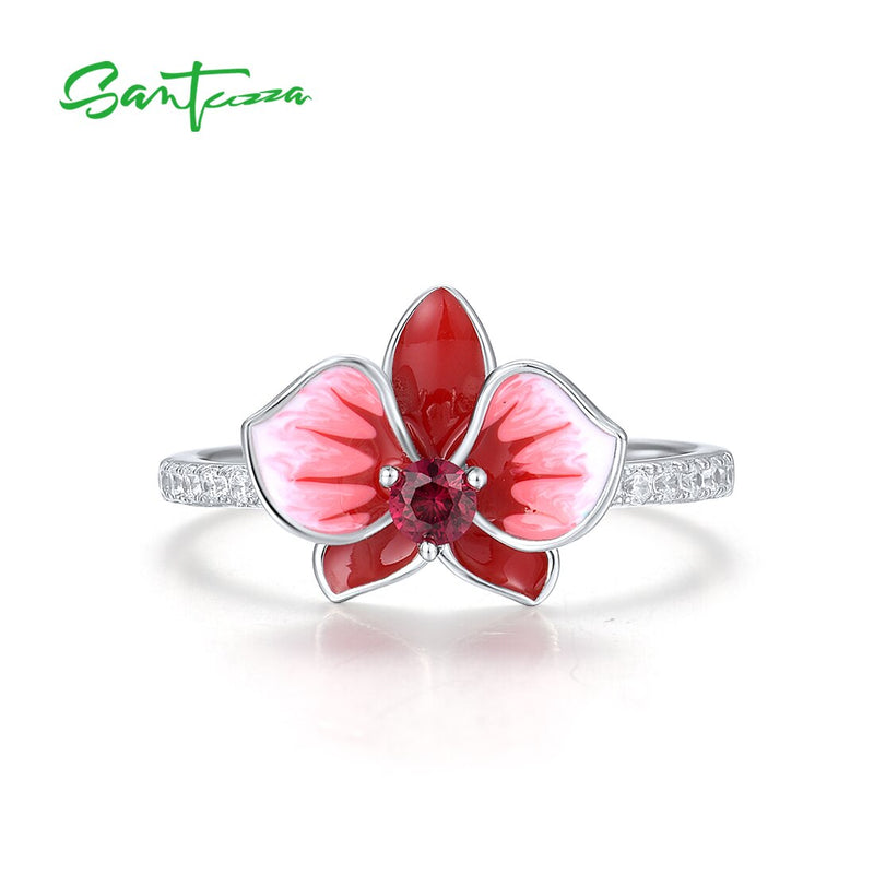 Sterling Silver Ring with White CZ and Ruby, Flower Design for Women