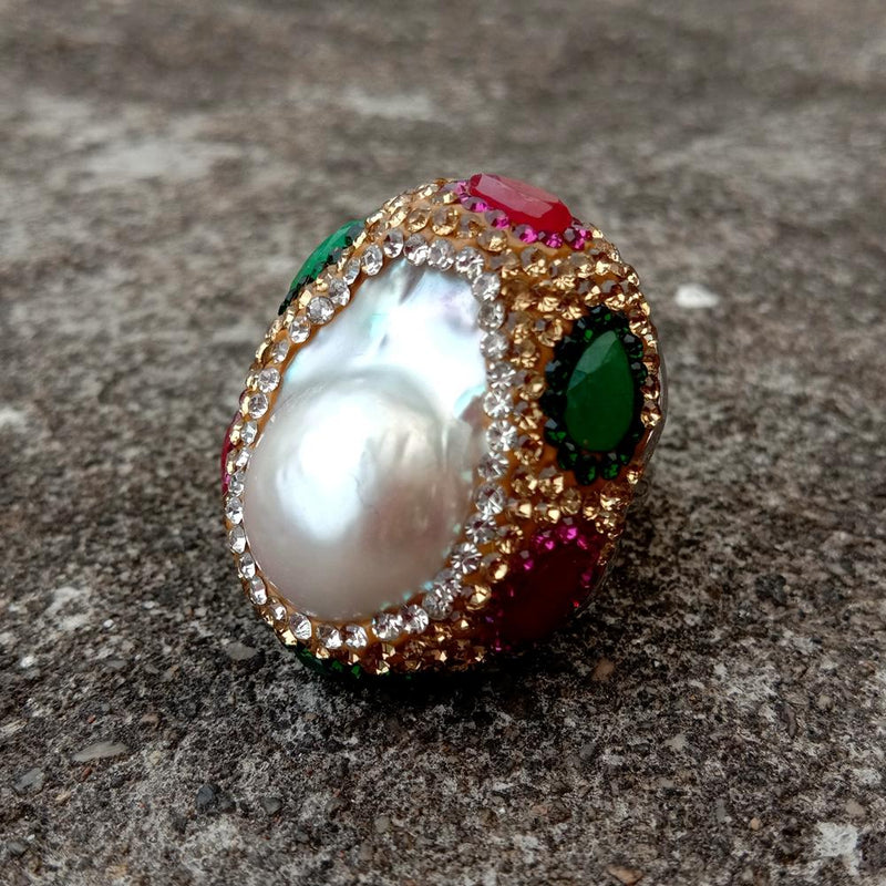 Y.YING Freshwater Cultured White Keshi Pearl Crystal Pave Ring For Engagement Women Gift