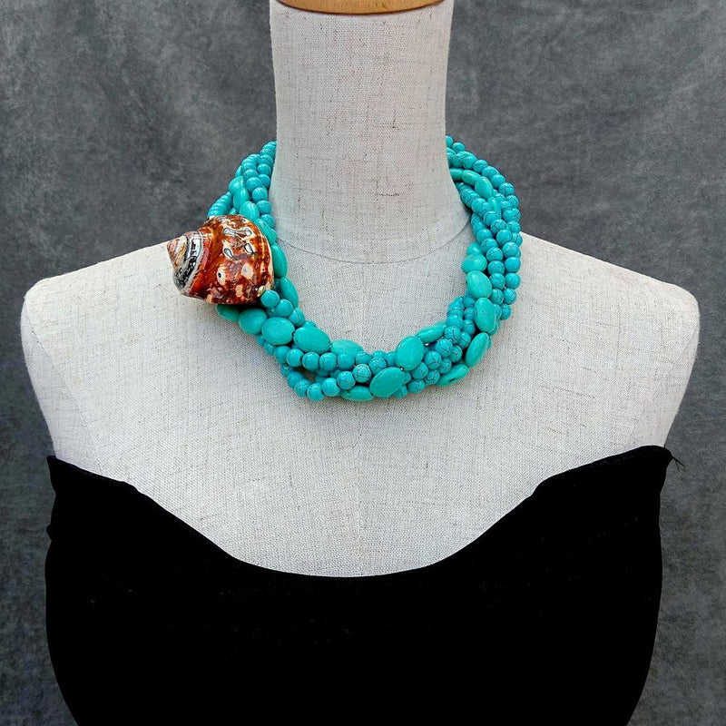 Sterling Silver Blue Turquoise Sea Shell Necklace for Women