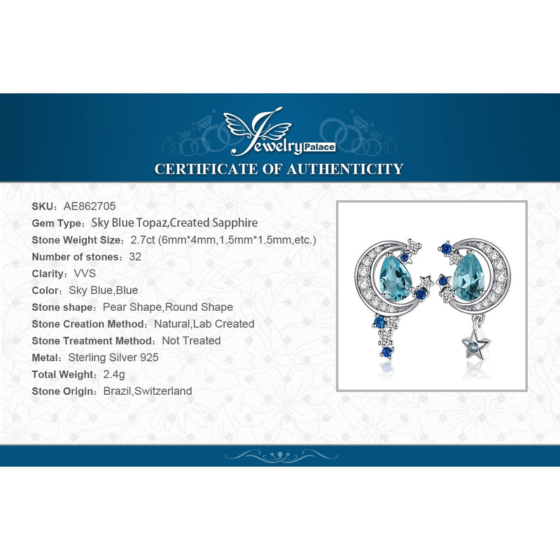 925 Sterling Silver Sky Blue Topaz & Created Sapphire Moon Star Stud Earrings for Woman