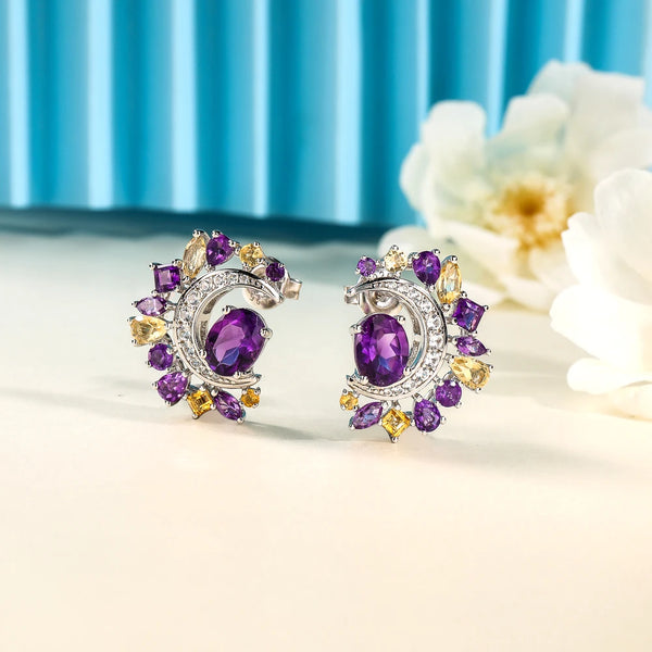 925 Sterling Silver Amethyst Citrine Gems Earrings with Moon Design for Women