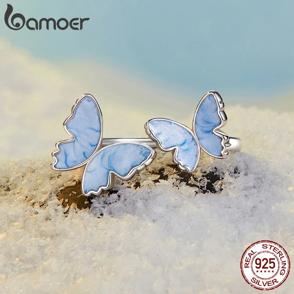 925 Sterling Silver Blue Butterfly Ring, Adjustable for Women