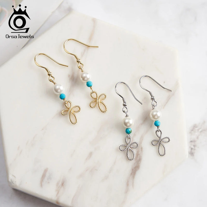 S925 Silver Turquoise & Shell Pearl Flower Dangle Earrings, for Women