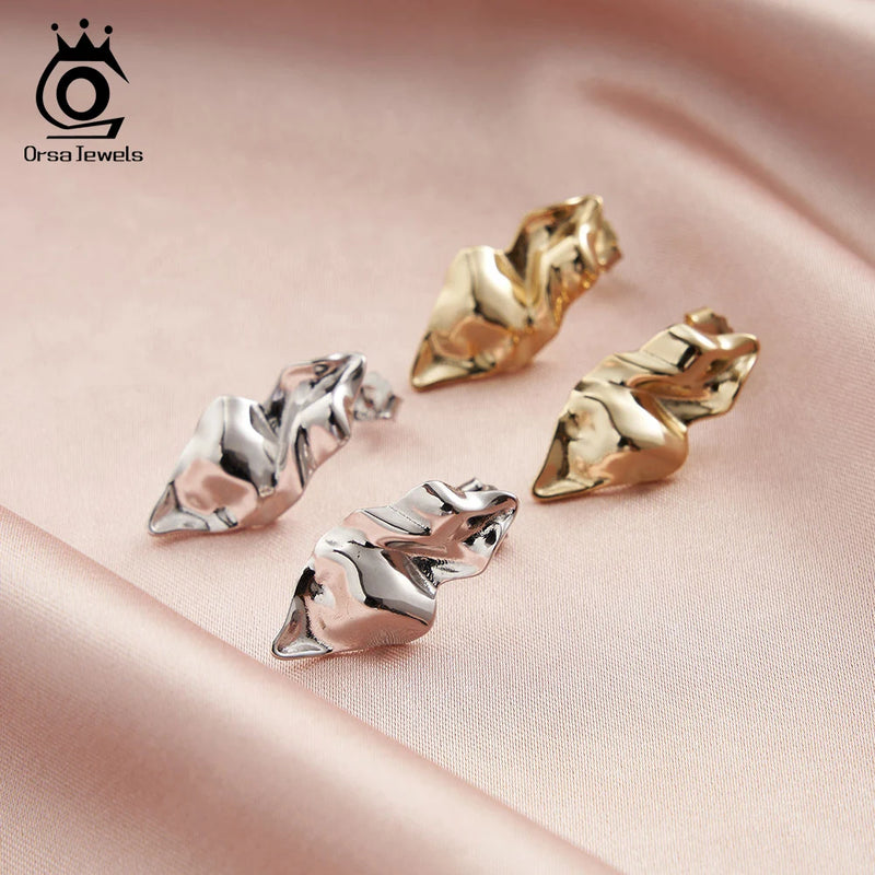 925 Sterling Silver Irregular Fold Stud Earrings for Women