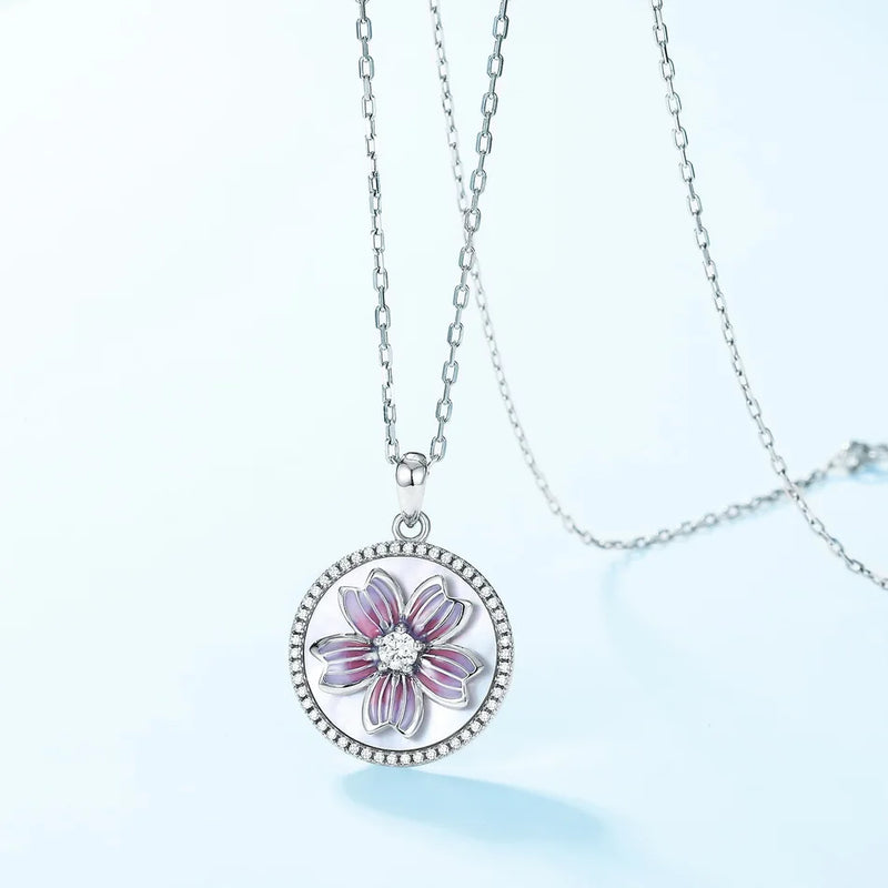 925 Sterling Silver Zircon Enamel Flower Pendant Necklace for Women