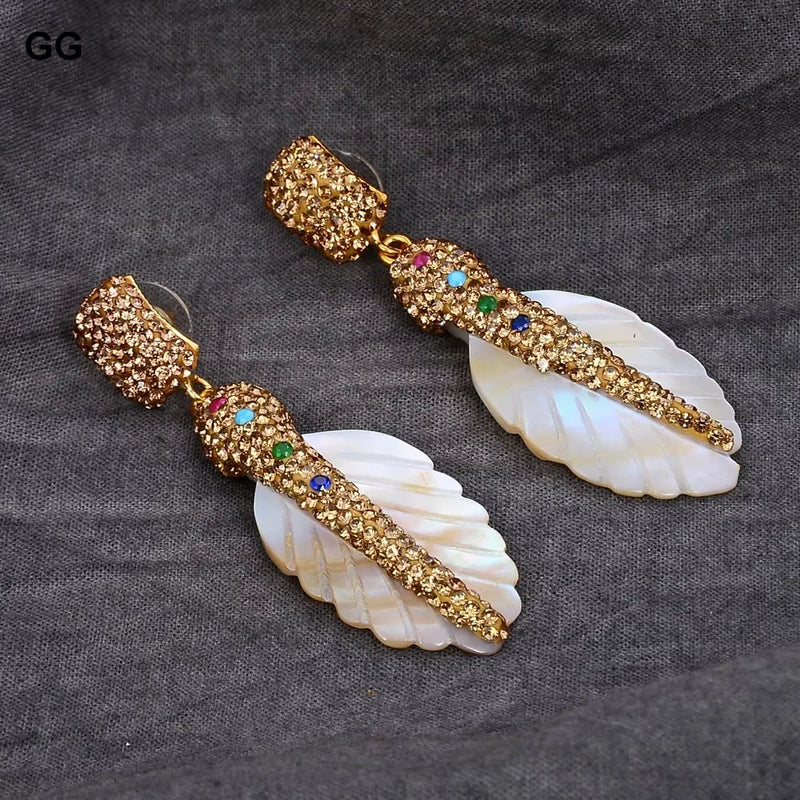 Yellow Gold Plated White Shell Feather CZ Paved Dangle Stud Earrings for Women