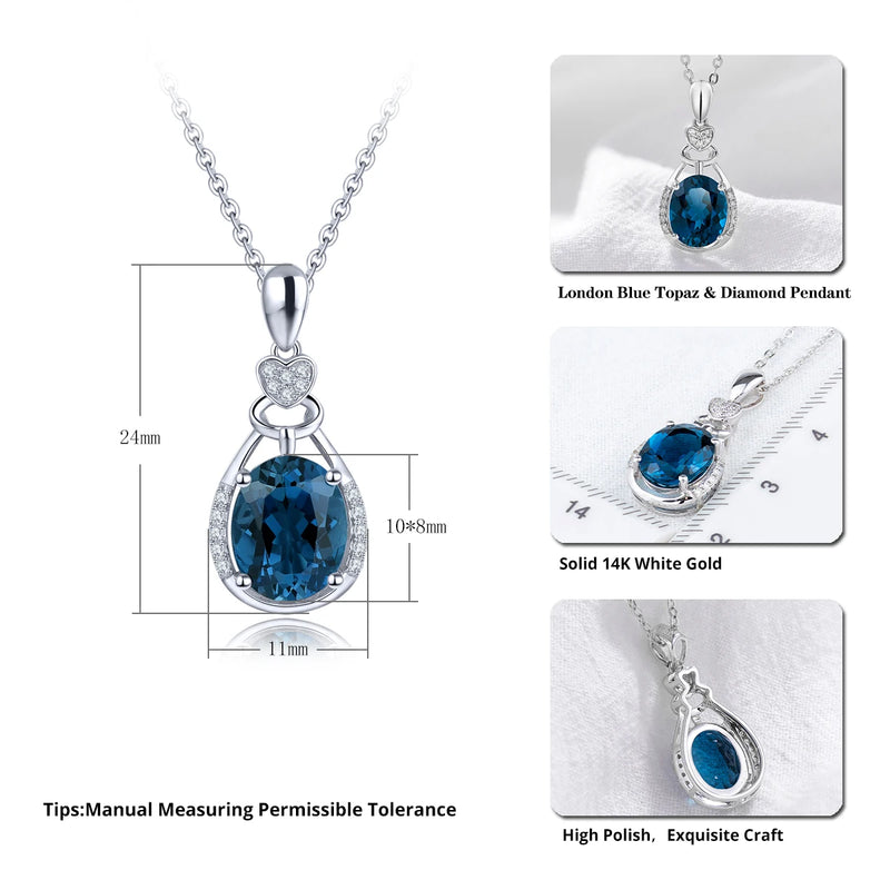 14K White Gold London Blue Topaz Pendant Necklace for Women