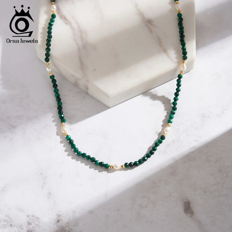 925 Silver Green Malachite & Freshwater Pearls Beaded Collar Necklace for Women