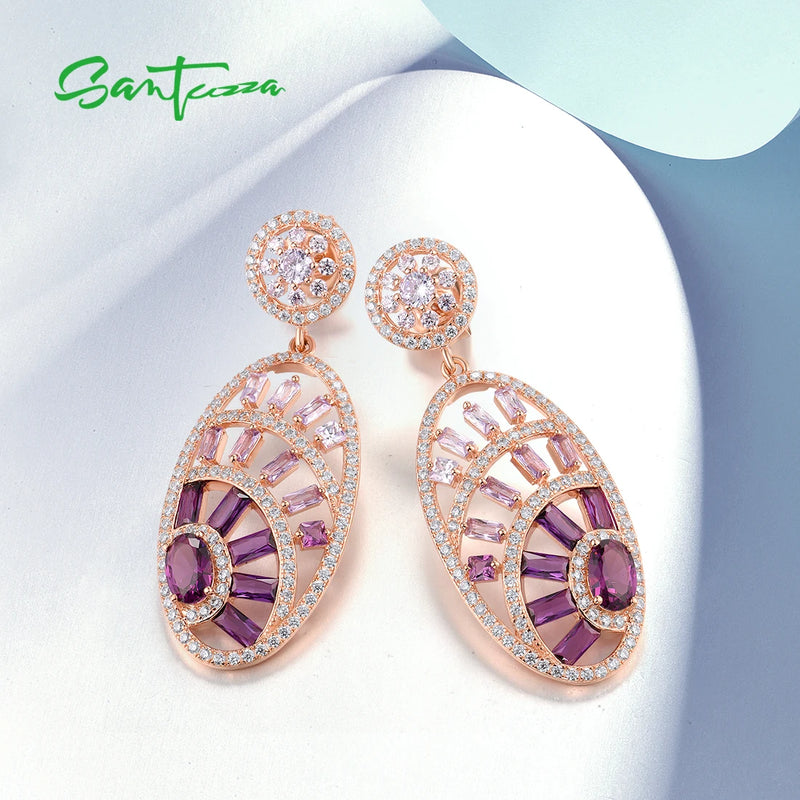 Sterling Silver Purple Spinel and White CZ Oval Drop Earrings for Women