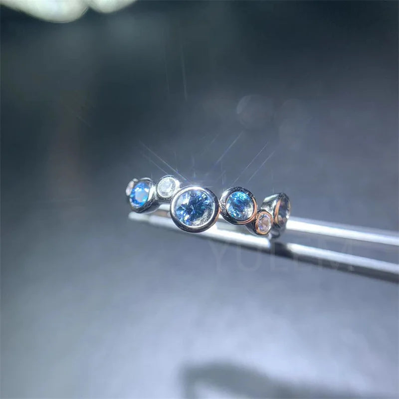 925 Sterling Silver Blue Moissanite Band Ring, 4mm & 3mm, for Women