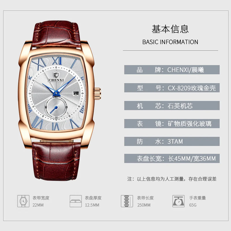 Square Waterproof Quartz Wrist Watch for Men