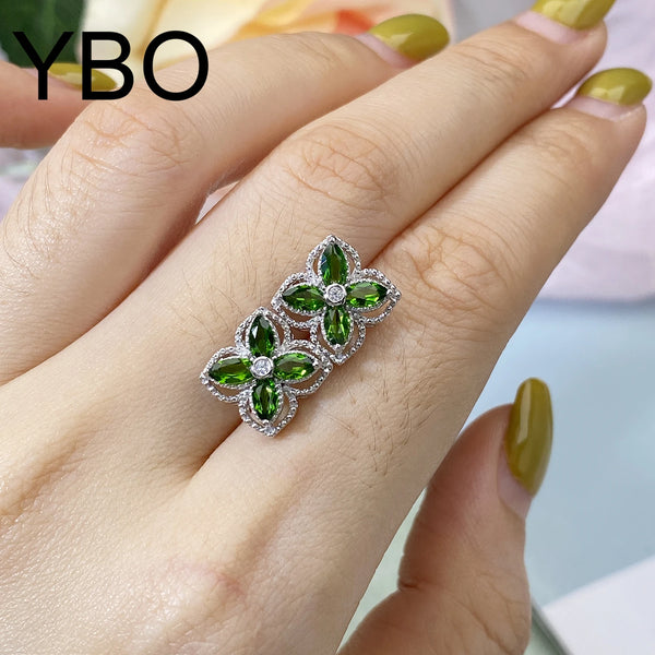 925 Silver Natural Mariquesa Diopside Stud Earrings with Four Leaf Clover Flower Design for Women