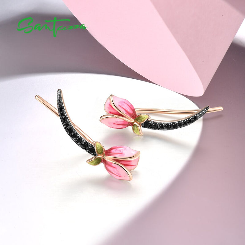 925 Sterling Silver Black Spinel Flower Earrings for Women