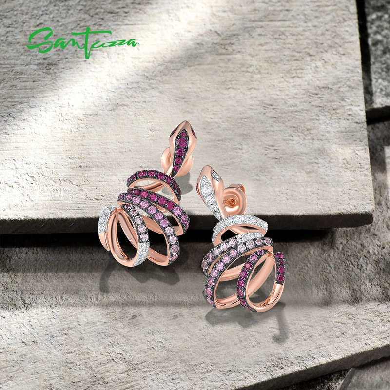 925 Sterling Silver Created Pink Sapphire and Ruby Snake Stud Earrings for Women