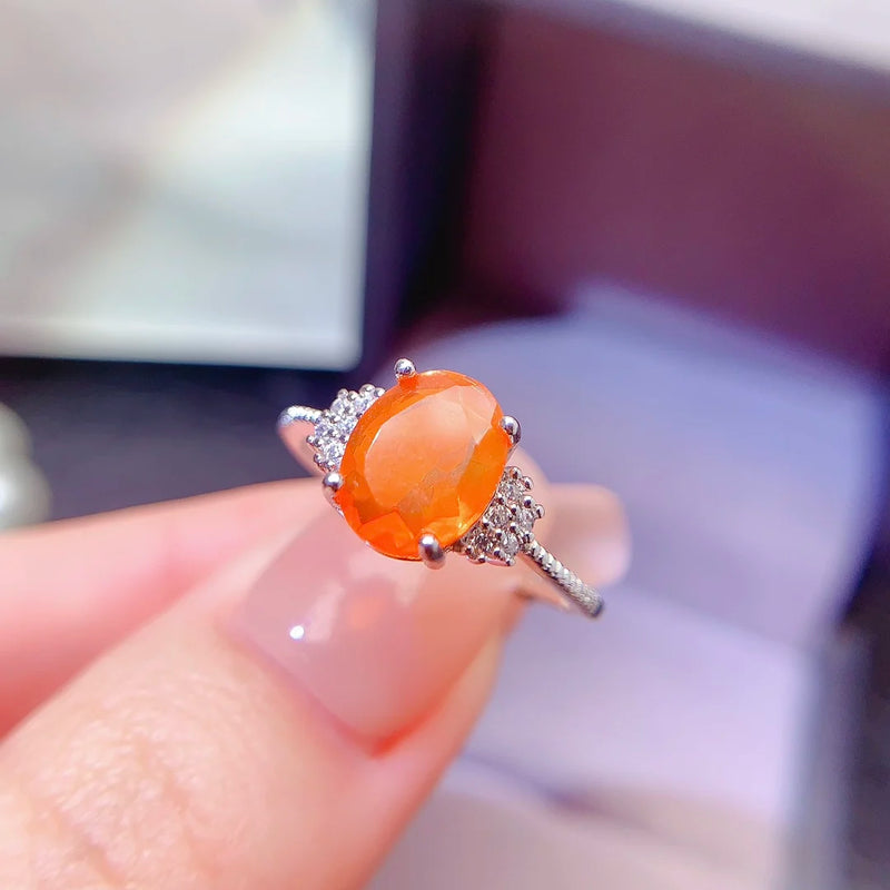 925 Sterling Silver 6mm x 8mm Orange Opal Ring with 18K Gold Plating for Women