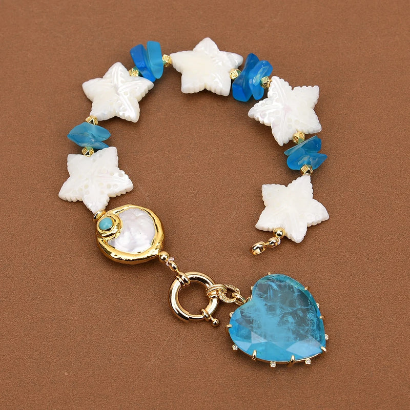 Gold Plated Bracelet with White Sea Shell, Freshwater Pearl, Starfish, Turquoise & Blue Quartz Pendant