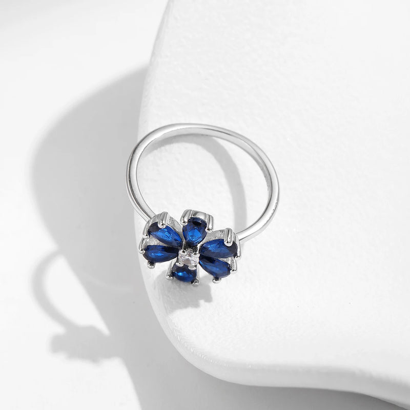 Sterling Silver Blue Water Drop Flower Ring for Women