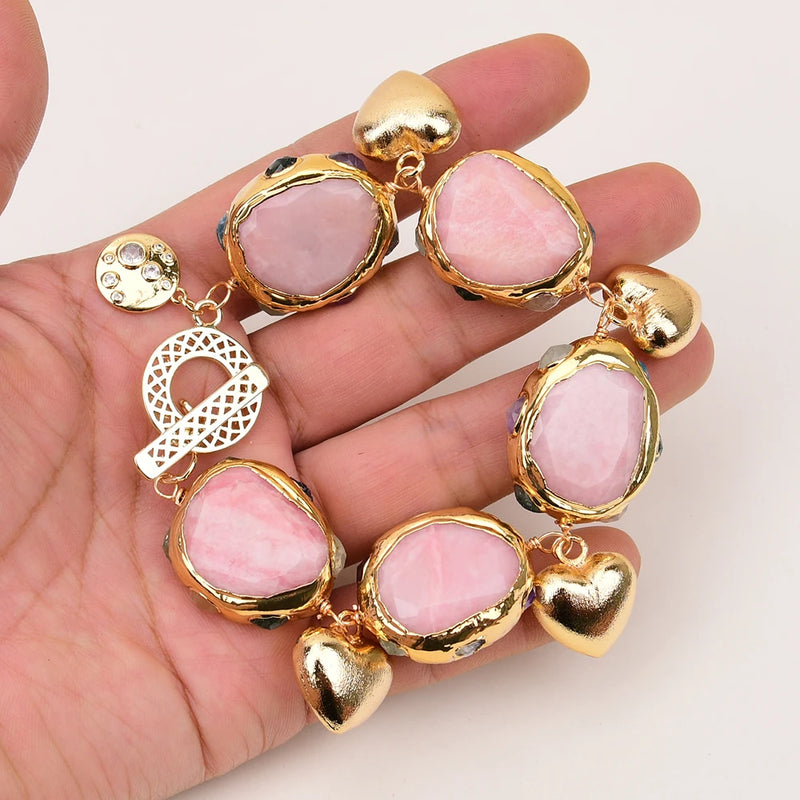 Gold Plated Multi Quartz Rhodochrosite Heart Charms Bracelet for Women