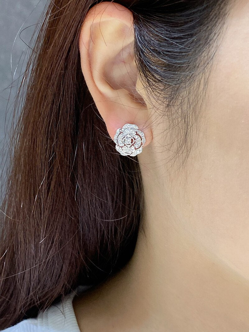 18K White Gold Diamond Stud Earrings, Camellia Flower Shape for Women