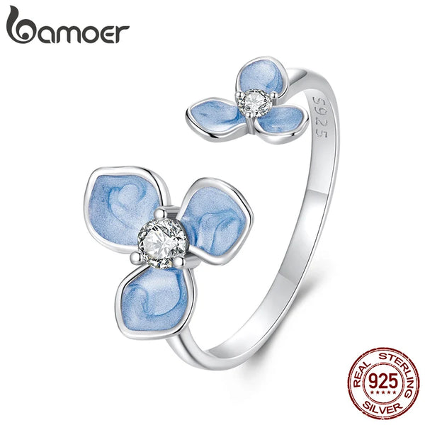 Sterling Silver Blue Flower Adjustable Ring for Her