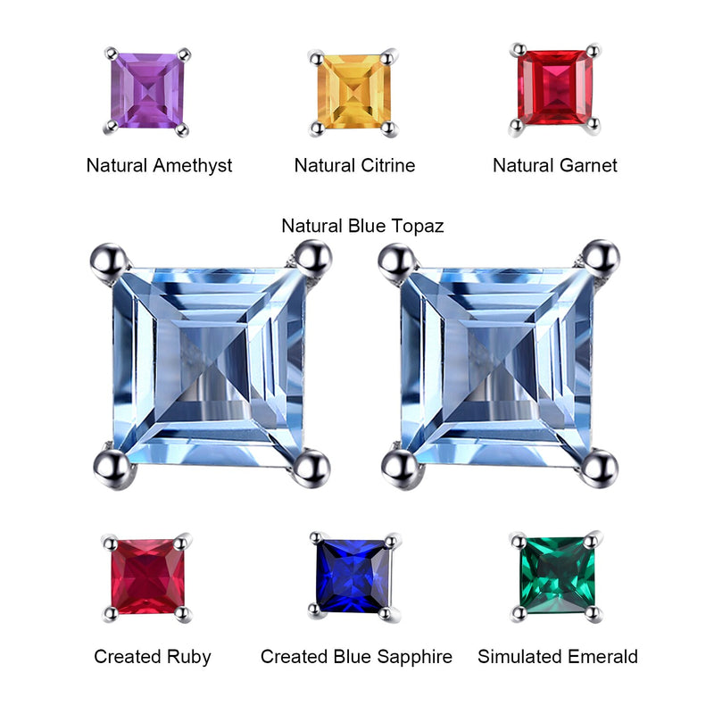 Sterling Silver Square Blue Topaz Amethyst Citrine Garnet Created Sapphire Ruby Emerald Stud Earrings for Women