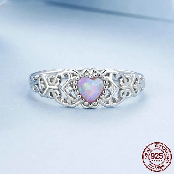 925 Sterling Silver Opal Heart Ring for Women