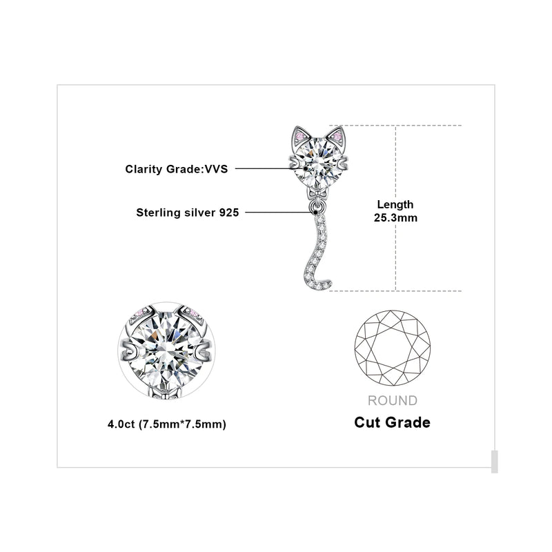 925 Sterling Silver Cat Wagging Tail 4ct Round Gemstone Dangle Earrings for Woman