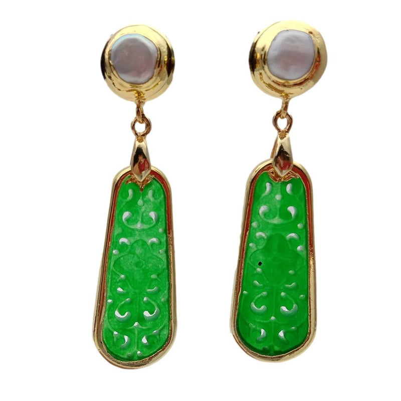 Gold Plated Carved Green Jade and Freshwater Cultured White Pearl Drop Earrings for Women