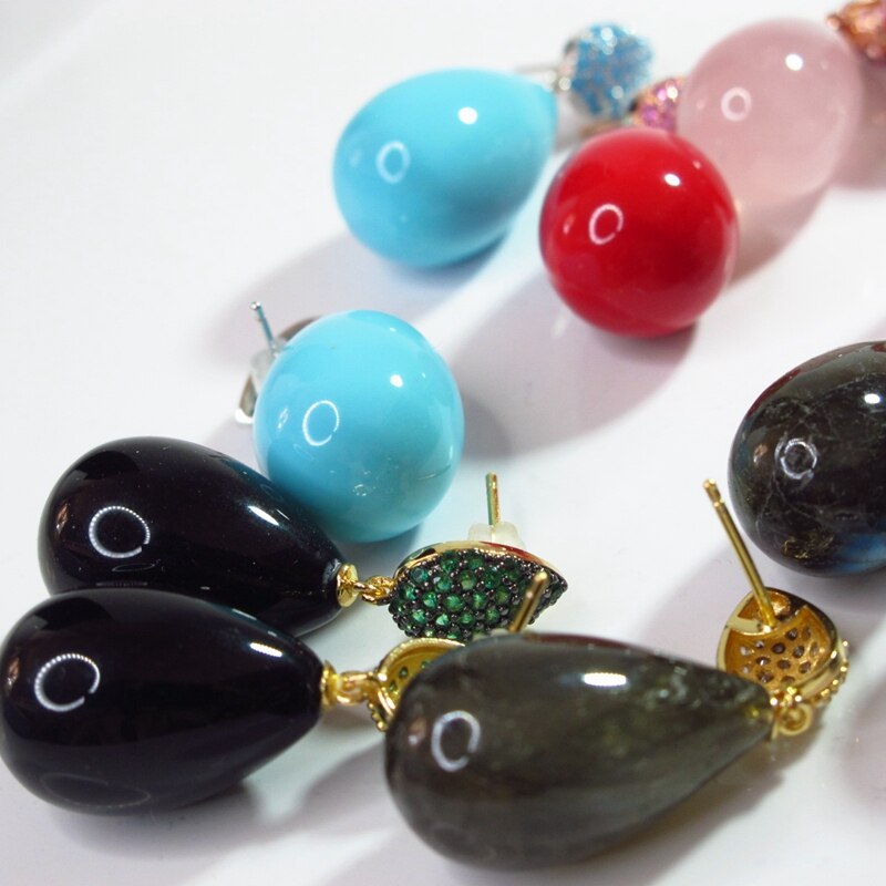 925 Silver Natural Turquoise, Pink Quartz, Aquamarine, Black, Red Stone Pearl Drop Earrings for Women