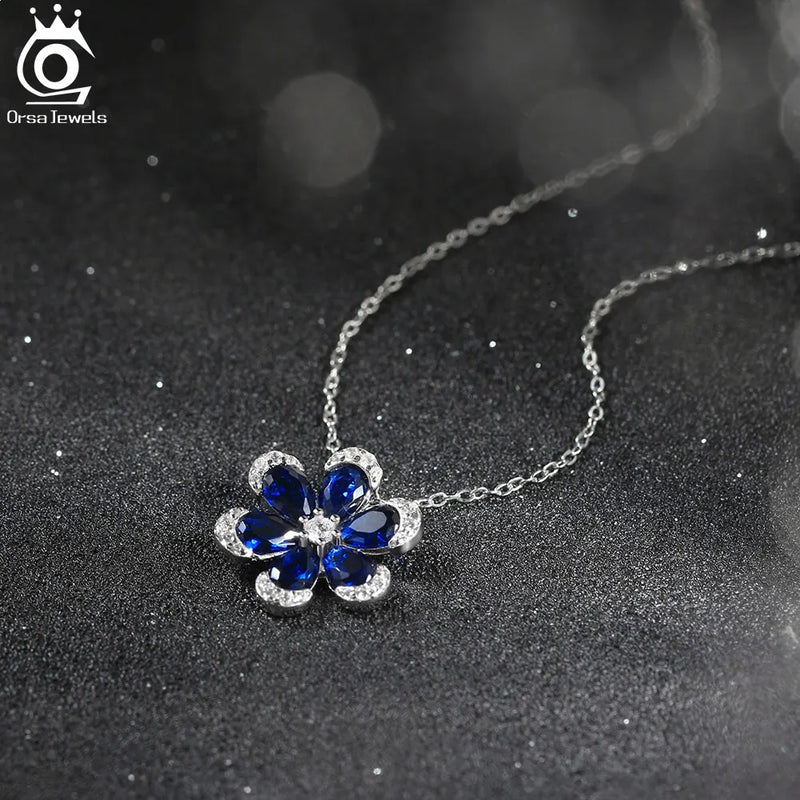 925 Sterling Silver Created Sapphire Flower Necklace for Women