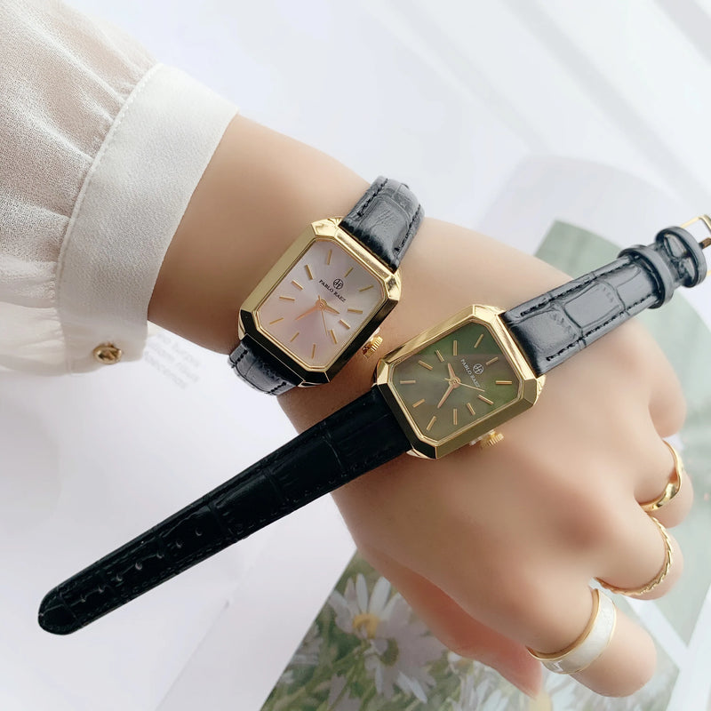 Luxury Women's Square Watch with Black Leather Strap and Small Dial