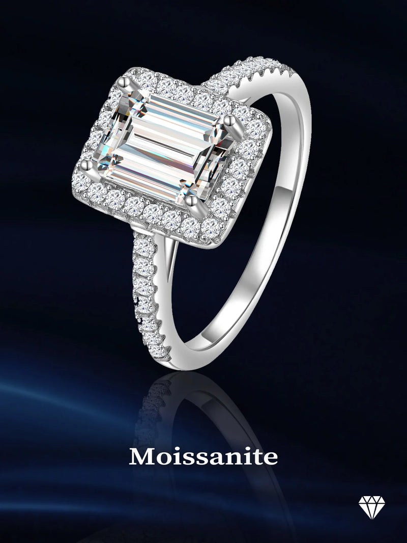 925 Sterling Silver Emerald Cut Moissanite Ring for Women