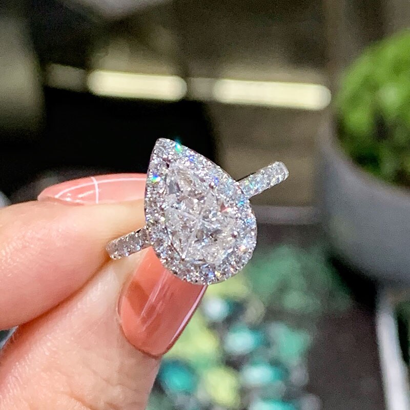 18K White Gold Real Natural Diamond Pyriform Ring for Women
