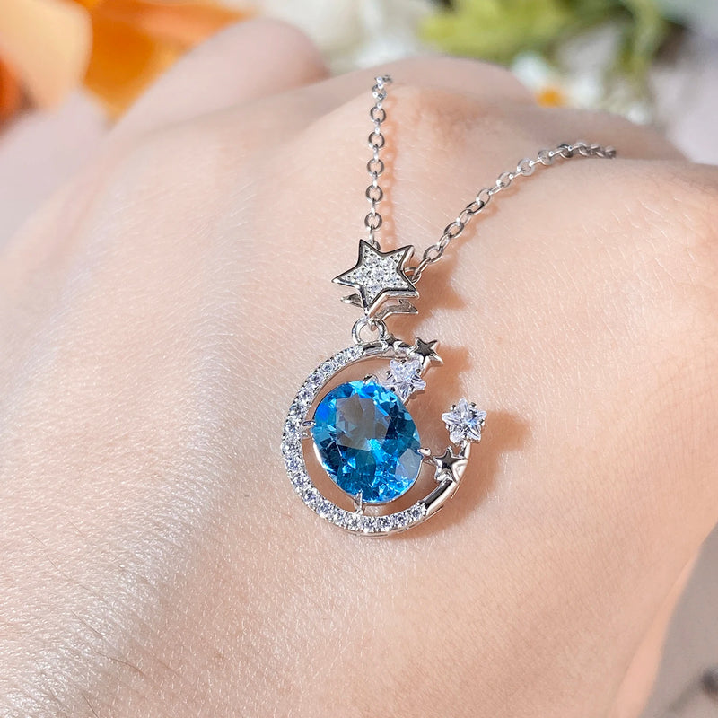 925 Silver Blue Topaz Moon and Star Pendant Necklace for Women