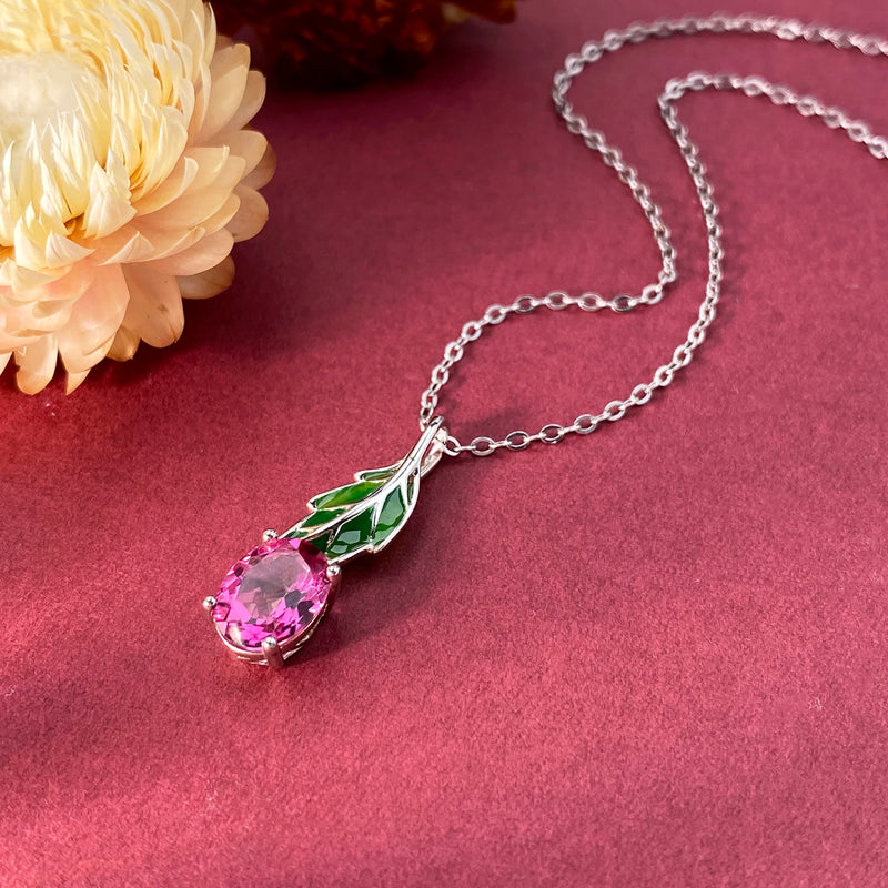 Sterling Silver Green Leaf Pendant Necklace with Pink Topaz for Women