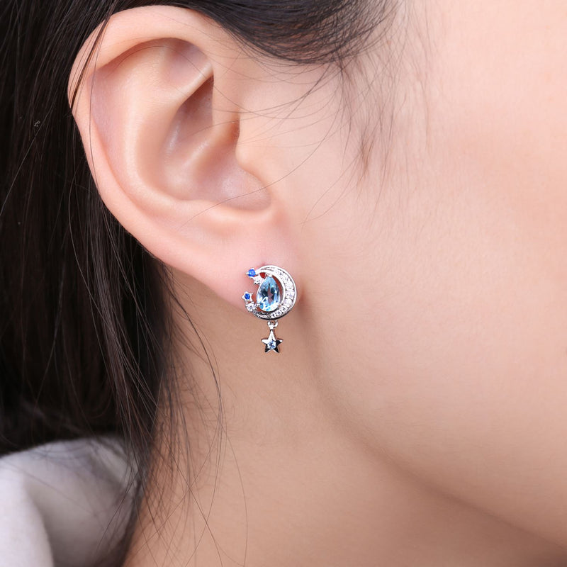 925 Sterling Silver Blue Topaz and Sapphire Stud Earrings for Woman