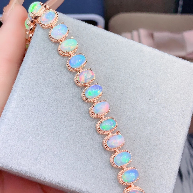 Sterling Silver Natural Opal Bracelet, 4x6mm Opals for Women