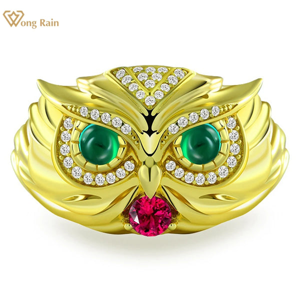 Wong Rain 18K Gold Plated 925 Sterling Silver Emerald Ruby High Carbon Diamond Gemstone Personality Owl Ring Jewelry for Women